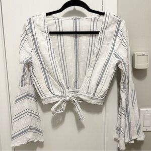 Clayton Stripe Bell Sleeve Cropped Tie Front Blouse Top Women’s S Cotton white